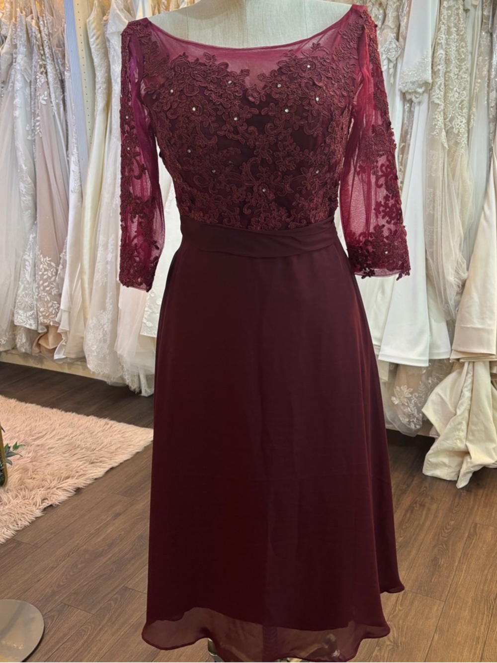 Elegant Burgundy Lace A-Line Dress with Sheer Sleeves